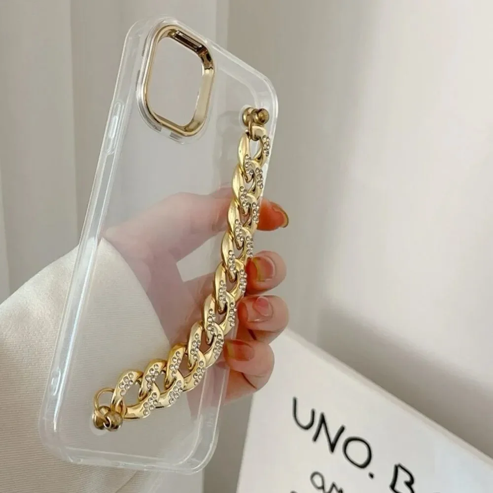 NWT IPhone 13 and IPhone 13 Pro Max Clear Case with Gold Bling Chain Hand Strap - Picture 3 of 3